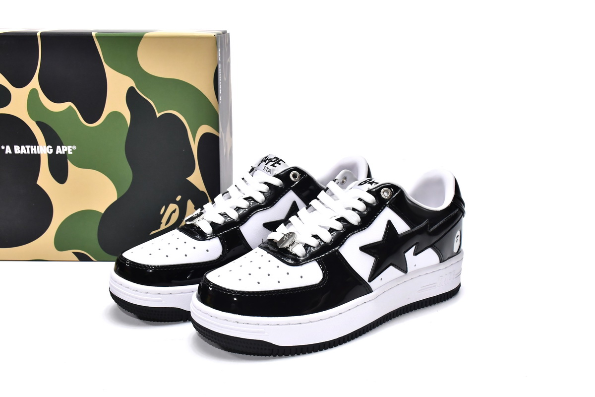 芭比猿猴低帮板鞋 白黑镜面 A Bathing Ape Bape Sta Low Black White