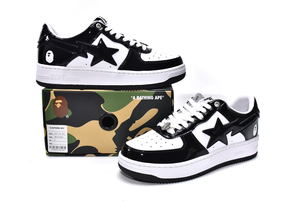 芭比猿猴低帮板鞋 白黑镜面 A Bathing Ape Bape Sta Low Black White